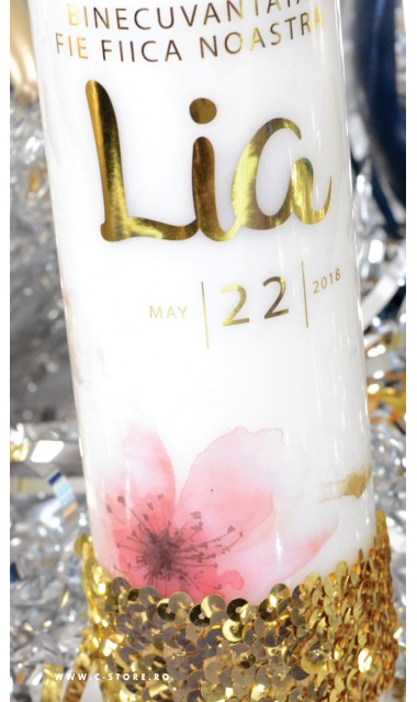 Lumanare de botez personalizata, print folio gold, 30x8cm, Macii cu dor 2
